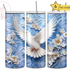 3D White Dove, Bird, Bird Lover, Flowers, Floral, 20 Oz Skinny Sublimation Tumbler Wrap Digital Design PNG File Download