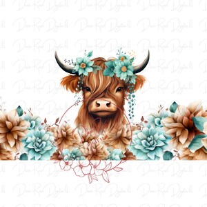 May include: A Highland cow with a floral crown of blue and white flowers, surrounded by brown and blue flowers.