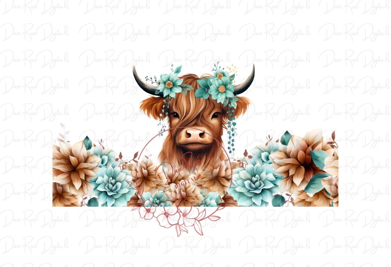 May include: A Highland cow with a floral crown of blue and white flowers, surrounded by brown and blue flowers.
