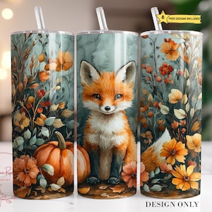 Fox Fall Tumbler Wrap PNG, Baby Fox Country 20 Oz Skinny Sublimation Tumbler PNG, Seamless Autumn Pumpkins Flowers Tumbler Design Download