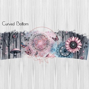 May include: A whimsical design featuring a pink and blue mandala, butterflies, mushrooms, and a sunflower. The design is set against a backdrop of a forest with trees and a cloudy sky. The text "Curved Bottom" is visible at the top of the image.