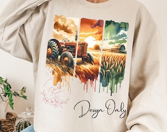 May include: A beige sweatshirt with a watercolor design of a red tractor in a field of wheat. The design is divided into three sections, each with a different color scheme. The text "Design Only" is printed below the design.