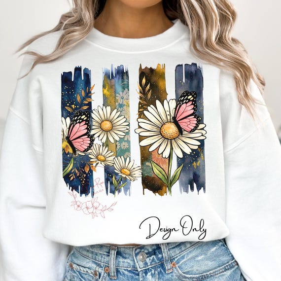 Daisy Flower Butterfly PNG, Floral Butterflies Brushstroke PNG Sublimation Design, Digital Download