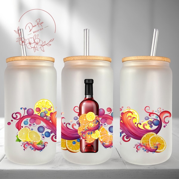 Sangria, Drink, Wine, Fruit, 16 Oz Libbey Glass PNG, Libbey Can Wrap Sublimation PNG Design, Frosted Glass Tumbler Cup Digital Download PNG