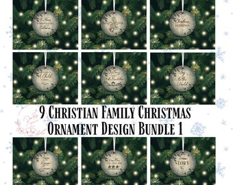 May include: Nine round Christmas baubles with Christian themes. The baubles are white with brown and red accents. The baubles feature text such as "The Promise of Christmas is a Baby", "Joy to the World", "True Story", and "Where Men Will Seek Him".