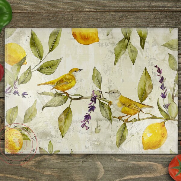 Finch Cutting Board Design Download, Lemons Cutting Board PNG, Cutting Board Printable PNG, Vintage Saffron Finch Bird Cutting Board PNG