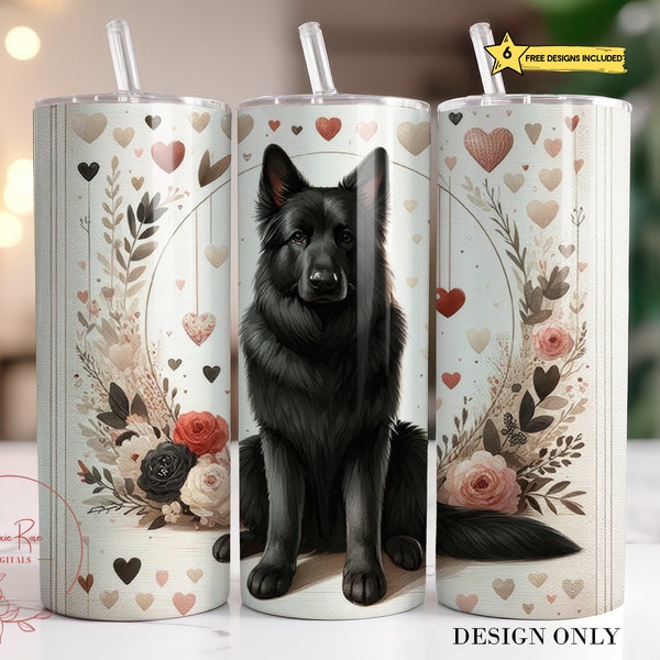 German Shepherd Tumbler Wrap, Black German Shepherd 20 Oz Sublimation Tumbler PNG, Valentine's Day Tumbler Design Digital Download