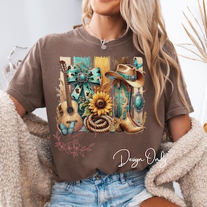 Western cowgirl coquette png-ontwerp, cowboylaarzen hoed png-sublimatiebestanden, gitaar png, oceaanzee, land penseelstreek T-shirt digitaal png
