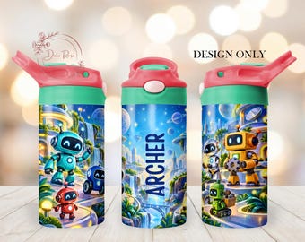 Kids Robot PNG Tumbler Wrap Design, Custom 12 Oz Sippy Cup Sublimation PNG, Digital Download