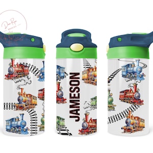 Personalized Kids Train 12 Oz Flip Top Skinny Sublimation Tumbler Wrap, Choo Choo Trains Customize Personalize Toddlers Names Cup Wrap