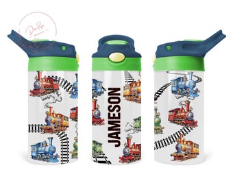 Personalized Kids Train 12 Oz Flip Top Skinny Sublimation Tumbler Wrap, Choo Choo Trains Customize Personalize Toddlers Names Cup Wrap