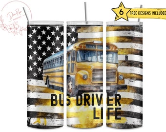 Chauffeur de bus, Appréciation scolaire, Cadeau, 20 Oz Skinny Sublimation Tumbler Wrap Digital Design PNG File Download