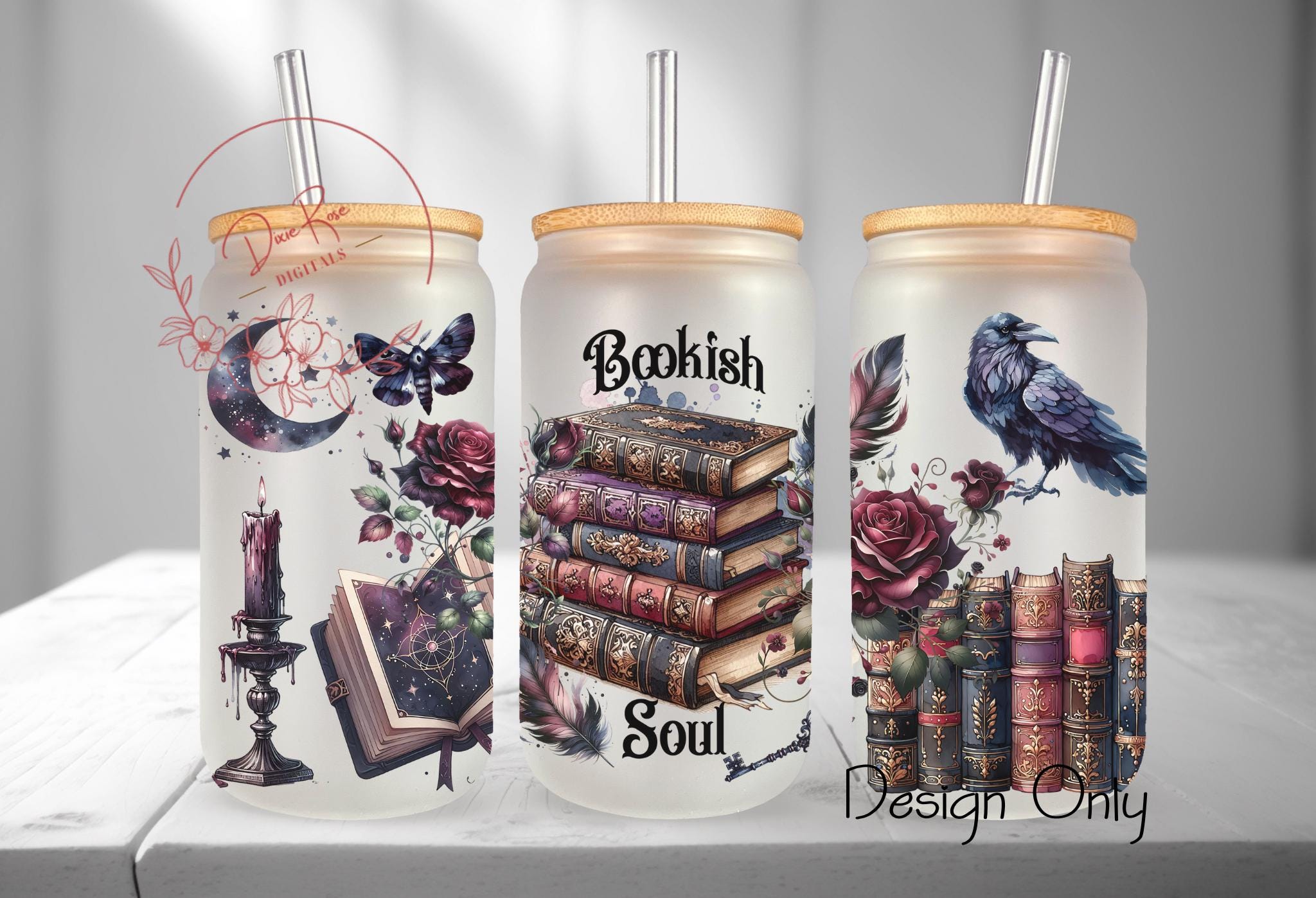 Gothic Book Lover Glass Wrap Tumbler: Raven, Roses Sublimation Design (PNG Digital Download)