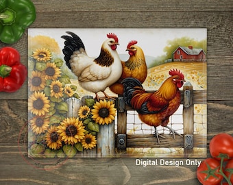Chicken Sunflower Glass Cutting Board PNG: Kitchen Farmhouse Sublimation Design (Digital Download)
