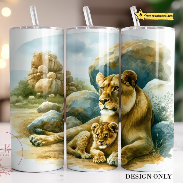 Lioness Tumbler Wrap, Mom Baby Lions 20 Oz Skinny Sublimation Tumbler PNG, Mama Baby Lion Cubs Mother's Day Tumbler Design Digital Download