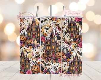 Haunted House Tumbler Wrap PNG Sublimation Design, Pink Leopard Halloween Pattern, Gothic Ghosts, Spooky Mansion Digital Download
