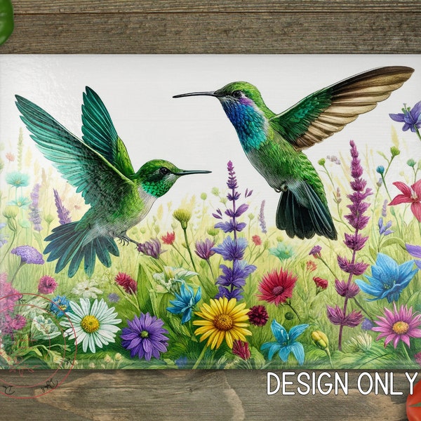 Hummingbirds Cutting Board Design Download, Spring Cutting Board PNG, Summer Cutting Board Printable PNG, Spring Flowers Cutting Board PNG