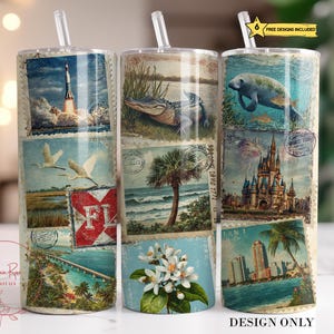 May include: Three stainless steel tumblers with clear straws feature vintage-style Florida-themed designs. The designs include a rocket launch, alligator, manatee, palm trees, and a castle. The text "DESIGN ONLY" is visible.