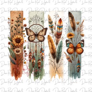 May include: Three vertical digital art prints featuring a dreamcatcher with feathers, a butterfly, and a sunflower with feathers. The background is a watercolour wash of brown, green, and blue.