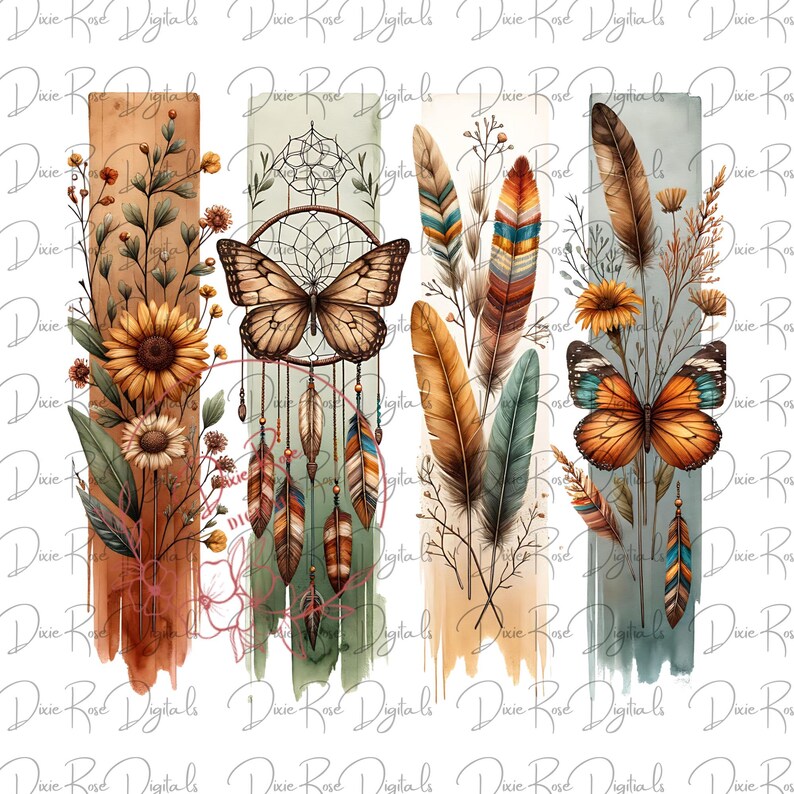May include: Three vertical digital art prints featuring a dreamcatcher with feathers, a butterfly, and a sunflower with feathers. The background is a watercolour wash of brown, green, and blue.