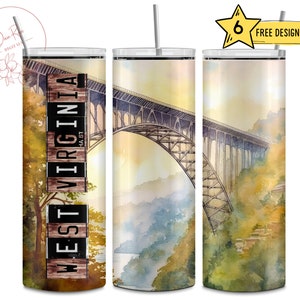 West Virginia, New River Gorge Bridge, Nature, Travel, WV, 20 Oz Skinny Sublimation Tumbler Wrap Digital Design PNG File Download