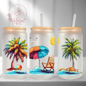 Beach, Summer, Ocean, 16 Oz Libbey Glass PNG, Libbey Can Wrap Sublimation PNG Design, Frosted Glass Tumbler Cup Digital Download PNG