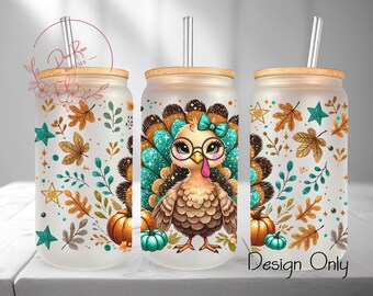 Thanksgiving Turkey Glass Can Tumbler Wrap: Fall Sublimation Design (PNG)