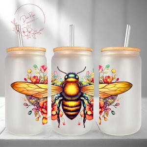 Bee Flower 16 Oz Libbey Glass PNG, Summer Drink Libbey Can Wrap, Honey Bee Sublimation PNG Design, Frosted Glass Tumbler Digital Download