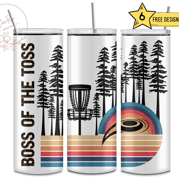 Disc Golf, Golfing, Boss of the Toss, Retro Trees, 20 Oz Skinny Sublimation Tumbler Wrap Digital Design PNG File Download