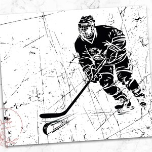 May include: Black and white illustration of a hockey player skating and holding a hockey stick. The background is a distressed white surface.