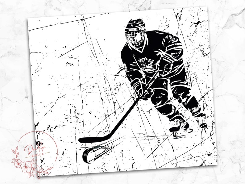 May include: Black and white illustration of a hockey player skating and holding a hockey stick. The background is a distressed white surface.