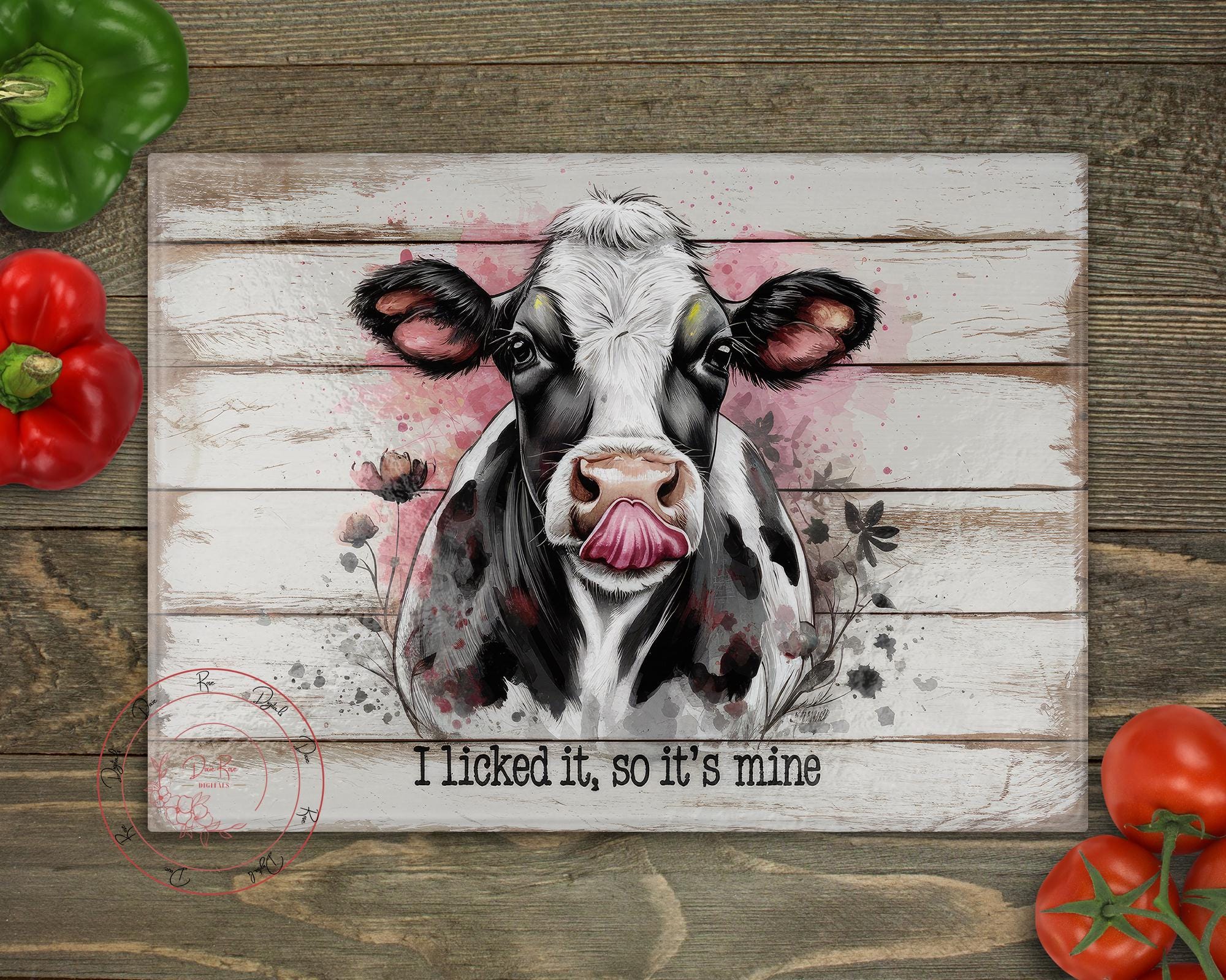 Tagliere con mucca divertente in formato PNG: design a sublimazione in stile fattoria (download digitale)