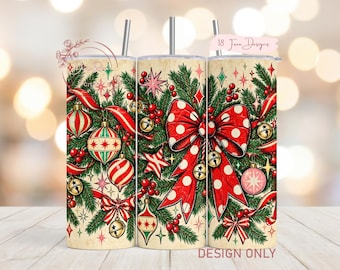 Christmas Coquette Bow PNG Tumbler Wrap, Retro Ornament Evergreen Sublimation PNG Design, Digital Download
