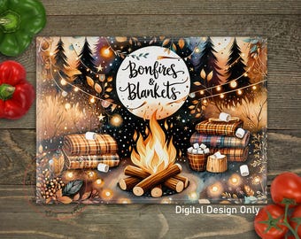 Herbst Camping PNG Schneidebrett: Lagerfeuer und Decken Sublimationsdesign (Digitaler Download)