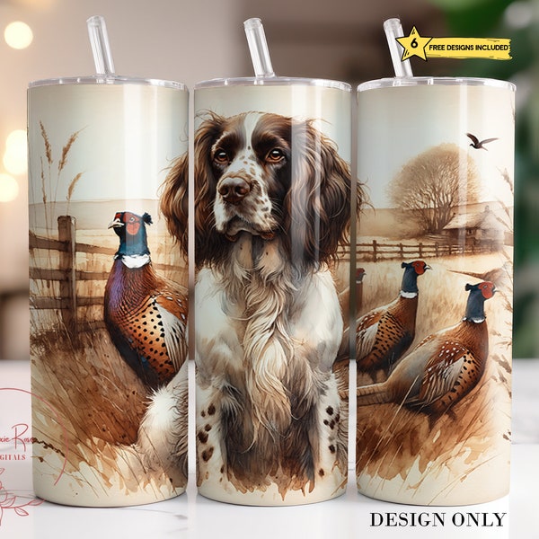 English Springer Spaniel Tumbler Wrap, Pheasant Hunting 20 Oz Skinny Sublimation Tumbler PNG, Bird Dog Tumbler Design Digital Download