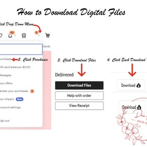 May include: A screenshot of a computer screen showing how to download digital files from an online store. The screen shows a menu with options for purchases, messages, offers, and account settings. There are also buttons for downloading files, viewing receipts, and getting help with orders.