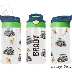 Envoltorio para vaso de sublimación delgado con tapa abatible de 12 oz con diseño de tractor verde personalizado para niños, envoltorio para vaso personalizado con nombres de niños pequeños