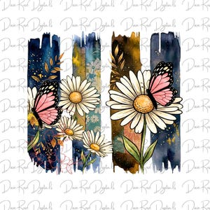 May include: Watercolor design featuring daisies and butterflies. The image has a white background with vertical stripes in navy blue, gold, and brown. The daisies have white petals and yellow centers, and the butterflies are pink and black.