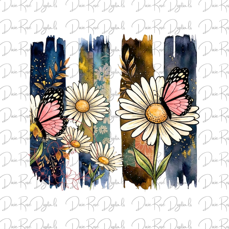 May include: Watercolor design featuring daisies and butterflies. The image has a white background with vertical stripes in navy blue, gold, and brown. The daisies have white petals and yellow centers, and the butterflies are pink and black.