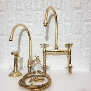 Unlacquered Brass Kitchen Bridge Faucet With Side Sprayer and One Handle Faucet, Unlacquered Brass Bridge Kitchen Faucets