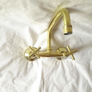Unlacquered Brass Wall Mounted Bathroom Vessel Faucet - Brass Wall Mount Kitchen Faucet With Short Square Spout- Vintage Faucet