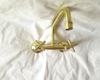 Unlacquered Brass Wall Mount Faucet - Square Spout, Cross Handles