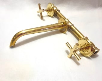 Unlacquered Brass Wall Mount Bathroom Faucet – Vintage Cross Handles