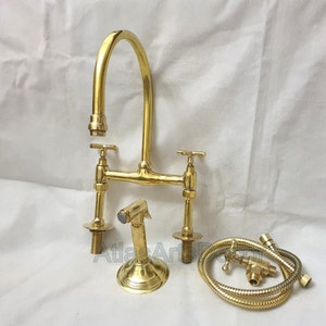 Unlacquered Brass Bridge Faucet, Brass Kitchen Hand Sprayer Faucet, Brass Faucet with Straight Legs, Sprayer Kitchen Hand Faucet