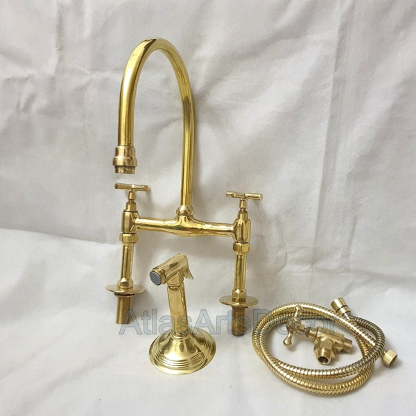 Unlacquered Brass Bridge Kitchen Faucet with Sprayer, Straight Legs