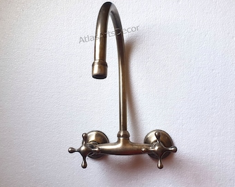 Brass Patina Wall Mount Kitchen Faucet – Vintage Gooseneck Water Tap