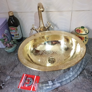 Moroccan brass sink wash basin, Vessel Bathroom Sink with brass Faucet, Dropped in Sink- Brass Oval Kitchen Sink Basin, Vintage brass faucet