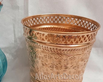 Moroccan Engraved Copper Finish Trash Can, Bathroom Decor