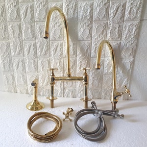 Unlacquered Brass Bridge 9&quot; Kitchen Faucets With Side Sprayer and cold Faucet, Unlacquered Brass Sink Faucet, Brass Kitchen Hand Sprayer