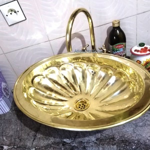 Moroccan Oval brass sink wash basin with faucet, Vessel Bathroom Sink Faucet, Dropped in Sink -  Kitchen Sink Basin, Vintage brass faucet